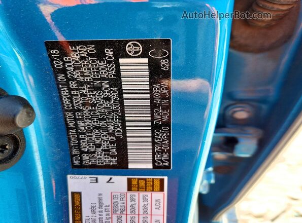 JTDKARFP2J3073904 2018 TOYOTA PRIUS Blue Vista del compartimento del motor