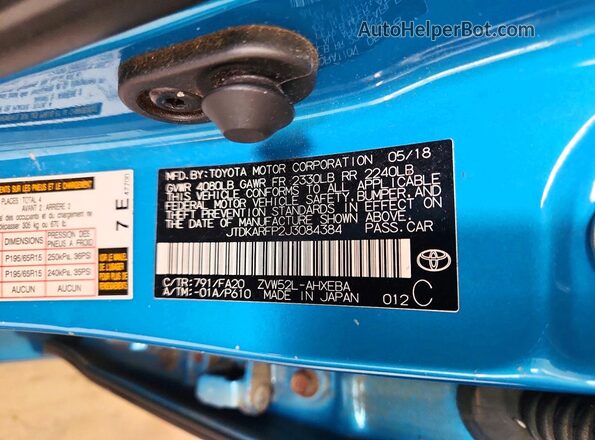JTDKARFP2J3084384 2018 TOYOTA PRIUS Blue VIN კოდის სტიკერის ხედი
