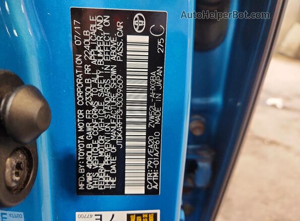 JTDKARFP3H3039609 2017 TOYOTA PRIUS Blue VIN կոդի պիտակի տեսք