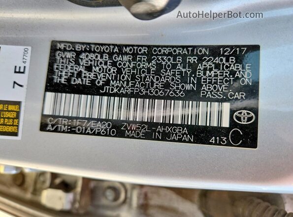 JTDKARFP3H3067636 2017 TOYOTA PRIUS Серебряный Вид наклейки с VIN-кодом