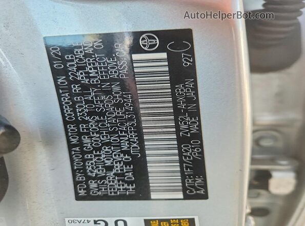 JTDKARFP3L3149441 2020 TOYOTA PRIUS Silver VIN sticker view