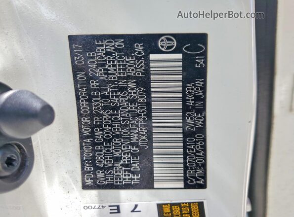 JTDKARFP5H3018079 2017 TOYOTA PRIUS White Widok naklejki z numerem VIN