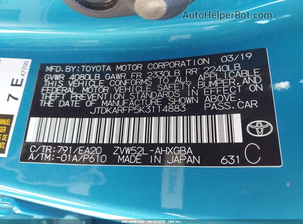 JTDKARFP5K3114883 2019 TOYOTA PRIUS PRIME Blue Вид підкапотного простору