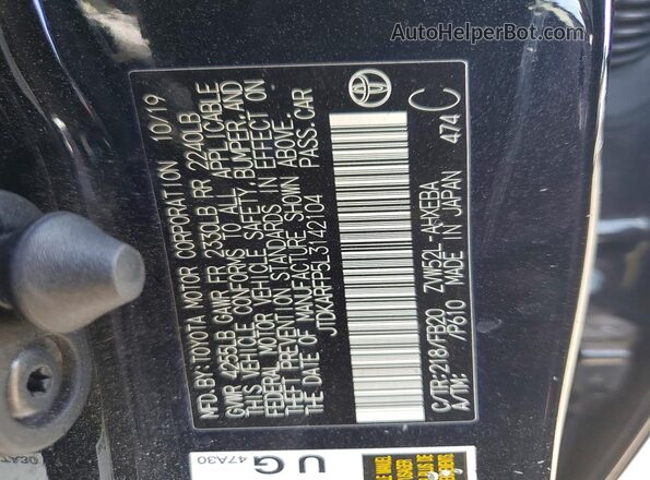 JTDKARFP5L3142104 2020 TOYOTA PRIUS Black Вид наклейки з VIN-кодом