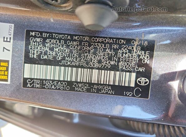JTDKARFP6J3089779 2018 TOYOTA PRIUS Gray Вид наклейки з VIN-кодом