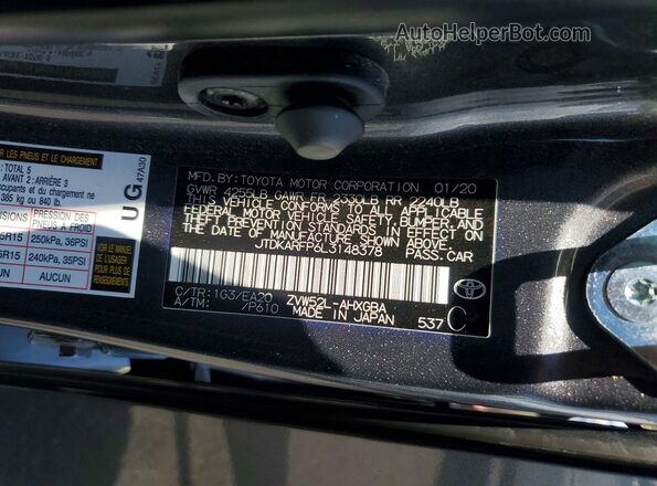 JTDKARFP6L3148378 2020 TOYOTA PRIUS Charcoal VIN კოდის სტიკერის ხედი