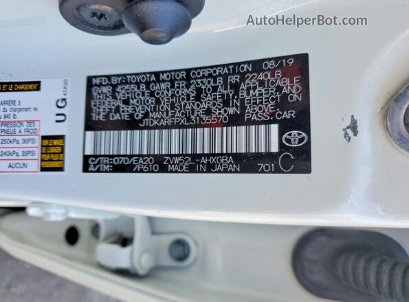 JTDKARFPXL3135570 2020 TOYOTA PRIUS White Widok komory silnika