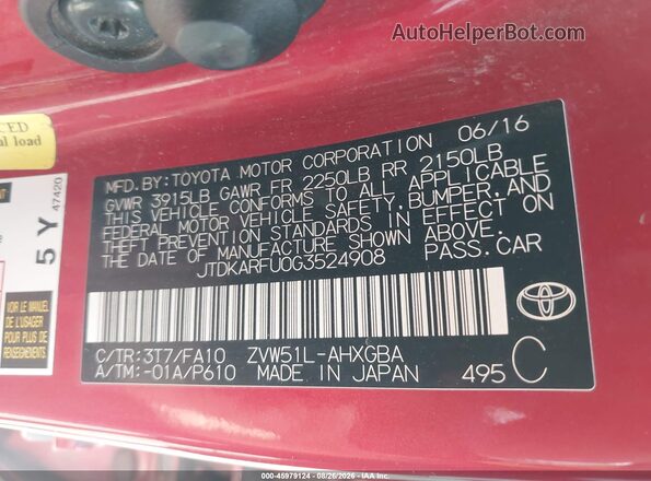 JTDKARFU0G3524908 2016 TOYOTA PRIUS Red Շարժիչի բաժամունքի տեսք