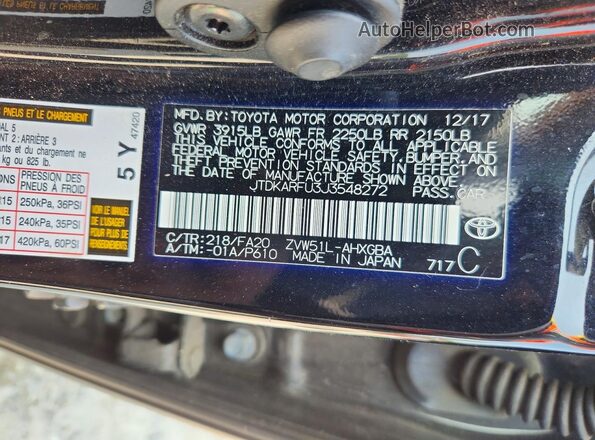 JTDKARFU3J3548272 2018 TOYOTA PRIUS Black Vista del compartimento del motor