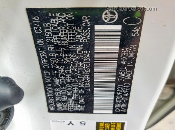 JTDKARFU8G3513848 2016 TOYOTA PRIUS White Вид наклейки з VIN-кодом