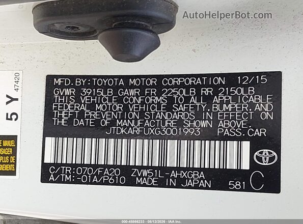 JTDKARFUXG3001993 2016 TOYOTA PRIUS White Вид підкапотного простору