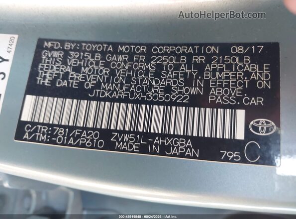 JTDKARFUXH3050922 2017 TOYOTA PRIUS Pewter Вид подкапотного пространства