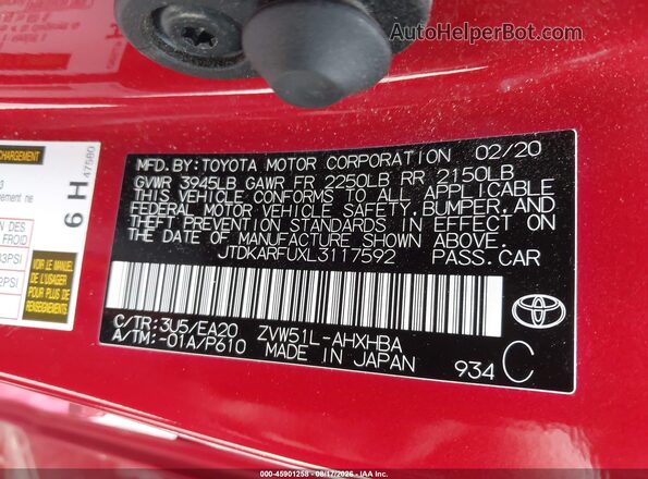 JTDKARFUXL3117592 2020 TOYOTA PRIUS Red Vista del compartimento del motor