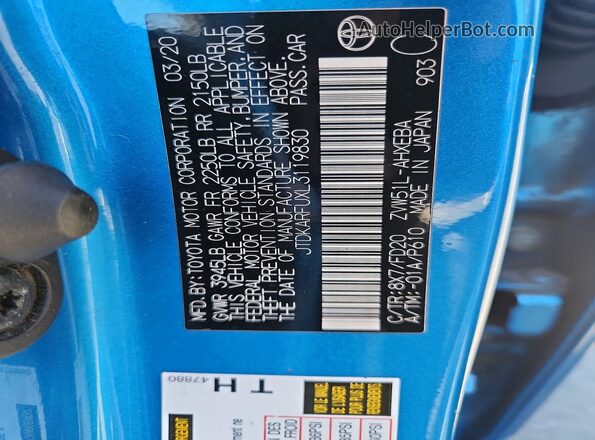 JTDKARFUXL3119830 2020 TOYOTA PRIUS Blue Widok komory silnika