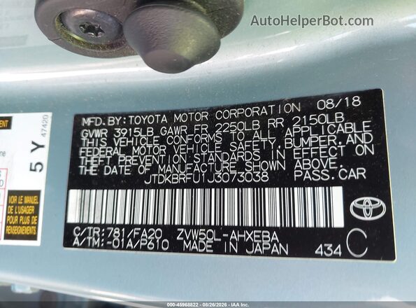 JTDKBRFU1J3073038 2018 TOYOTA PRIUS Light Blue Widok komory silnika