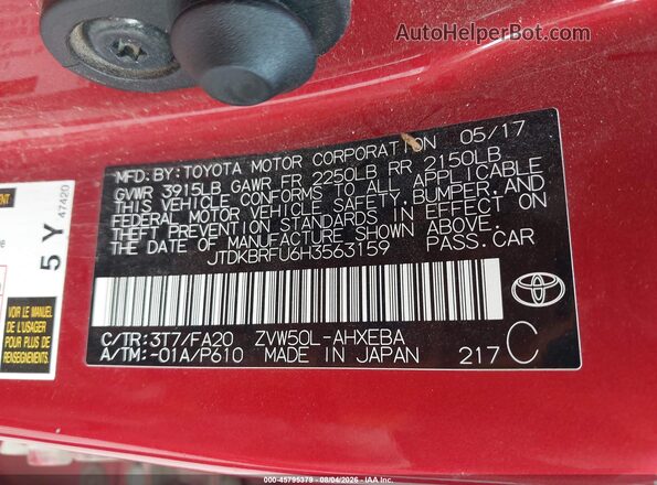JTDKBRFU6H3563159 2017 TOYOTA PRIUS Red Vista del compartimento del motor