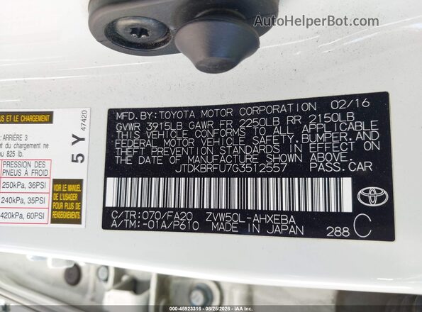 JTDKBRFU7G3512557 2016 TOYOTA PRIUS Белый Вид подкапотного пространства