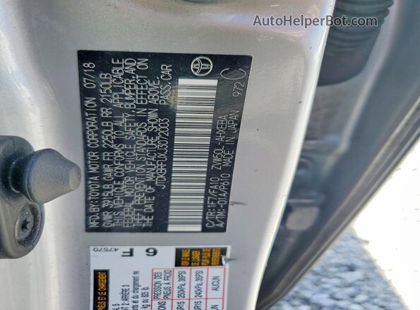 JTDKBRFUXJ3072003 2018 TOYOTA PRIUS Silver VIN sticker view
