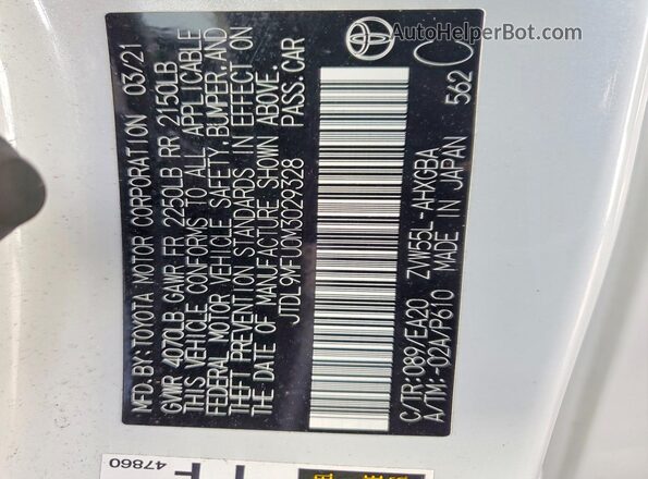 JTDL9MFU0M3029328 2021 TOYOTA PRIUS White Vista del compartimento del motor