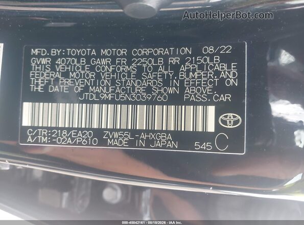 JTDL9MFU5N3039760 2022 TOYOTA PRIUS Black Շարժիչի բաժամունքի տեսք