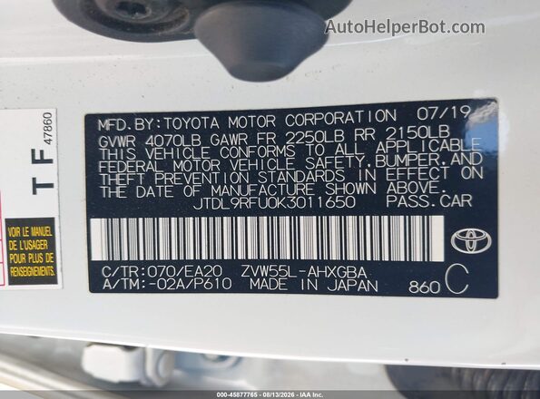 JTDL9RFU0K3011650 2019 TOYOTA PRIUS Белый Вид подкапотного пространства