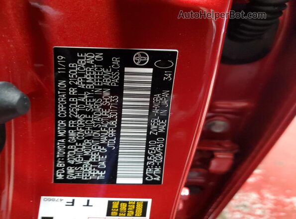 JTDL9RFU8L3017133 2020 TOYOTA PRIUS Красный Вид наклейки с VIN-кодом