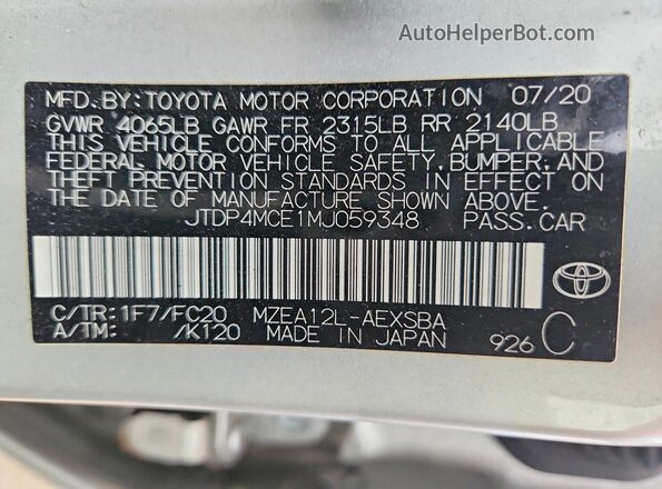 JTDP4MCE1MJ059348 2021 TOYOTA COROLLA Silver Widok naklejki z numerem VIN