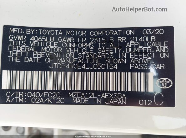JTDP4RCE4LJ050154 2020 TOYOTA COROLLA White Widok komory silnika