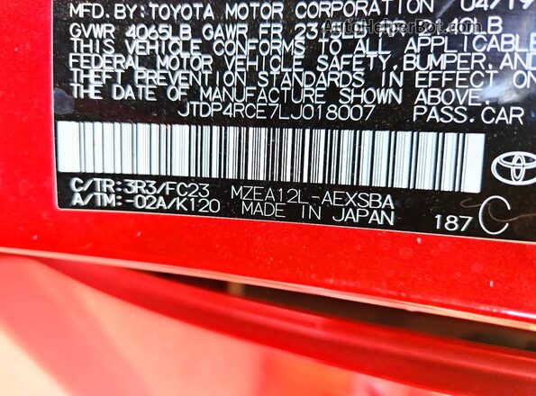 JTDP4RCE7LJ018007 2020 TOYOTA COROLLA Red Շարժիչի բաժամունքի տեսք