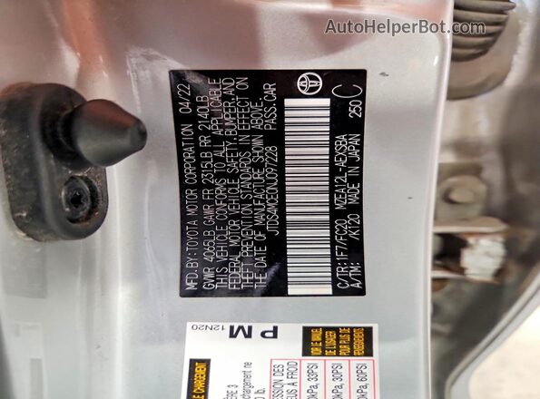 JTDS4MCE0NJ097228 2022 TOYOTA COROLLA Серебряный Вид наклейки с VIN-кодом
