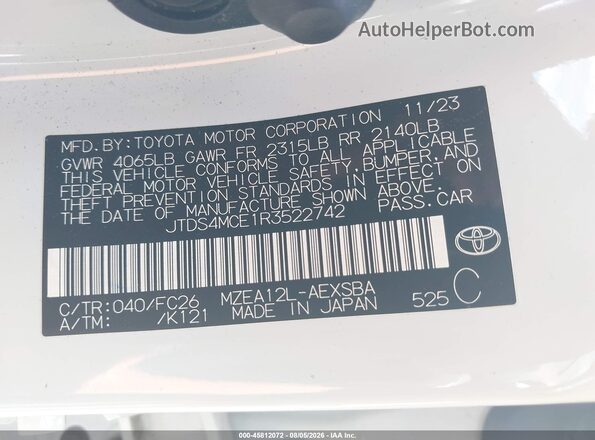 JTDS4MCE1R3522742 2024 TOYOTA COROLLA White Vista del compartimento del motor