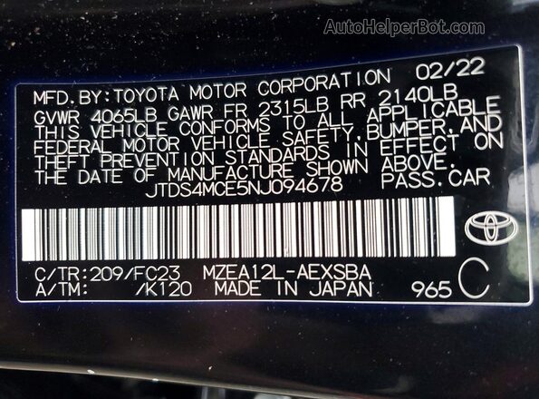 JTDS4MCE5NJ094678 2022 TOYOTA COROLLA Charcoal Вид підкапотного простору