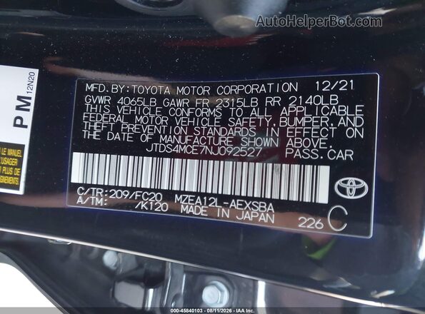JTDS4MCE7NJ092527 2022 TOYOTA COROLLA Black Widok komory silnika