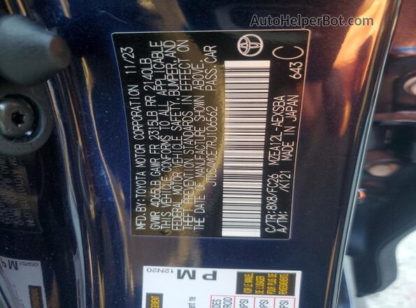 JTDS4MCE7RJ106562 2024 TOYOTA COROLLA Blue Вид наклейки з VIN-кодом