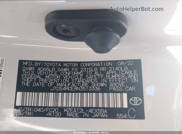 JTDS4MCE8N3513336 2022 TOYOTA COROLLA White Engine compartment view