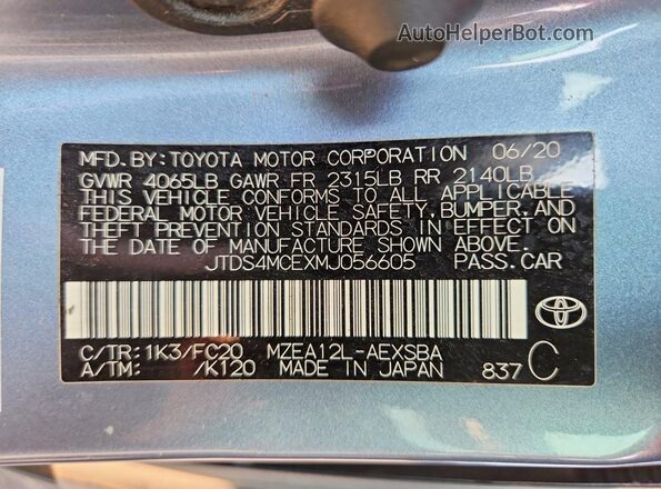 JTDS4MCEXMJ056605 2021 TOYOTA COROLLA Blue VIN sticker view