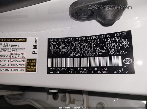 JTDS4MCEXR3521878 2024 TOYOTA COROLLA White Вид підкапотного простору
