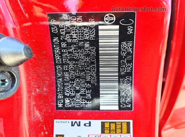 JTDS4RCE0LJ010843 2020 TOYOTA COROLLA Red VIN կոդի պիտակի տեսք
