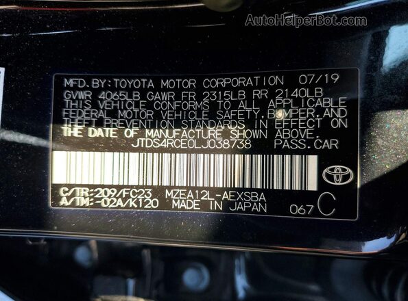 JTDS4RCE0LJ038738 2020 TOYOTA COROLLA Черный Вид наклейки с VIN-кодом