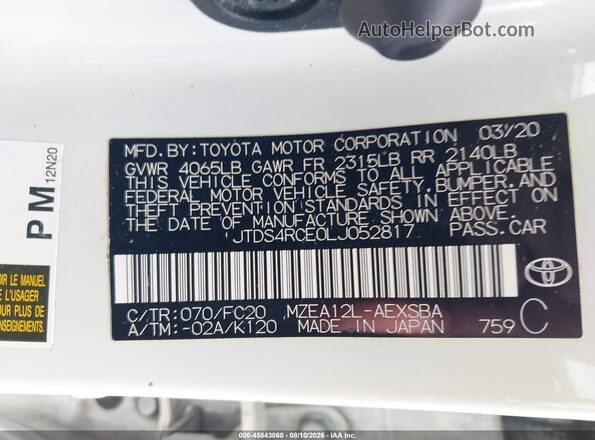 JTDS4RCE0LJ052817 2020 TOYOTA COROLLA Белый Вид подкапотного пространства