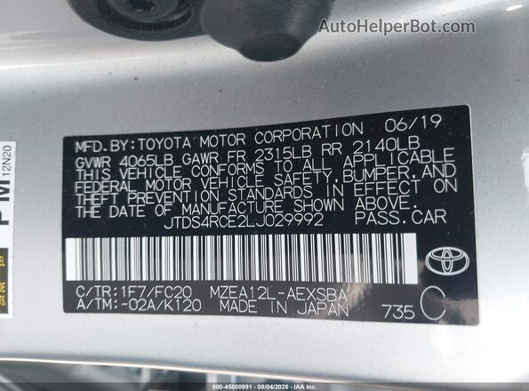 JTDS4RCE2LJ029992 2020 TOYOTA COROLLA Gray Widok komory silnika
