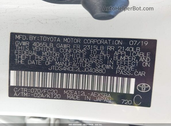 JTDS4RCE2LJ040880 2020 TOYOTA COROLLA White Вид підкапотного простору