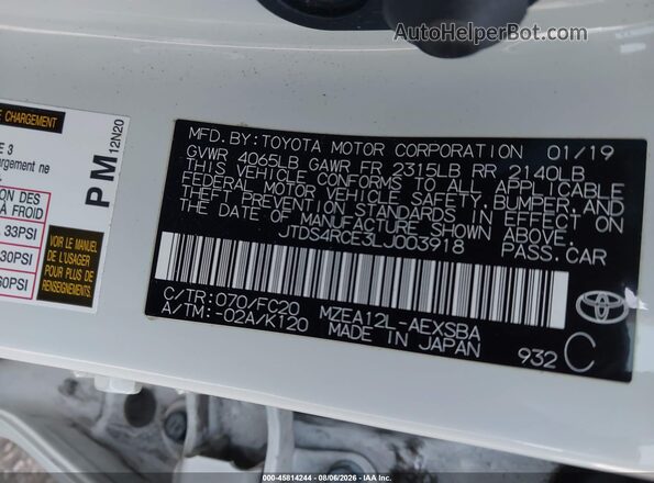 JTDS4RCE3LJ003918 2020 TOYOTA COROLLA White Вид підкапотного простору
