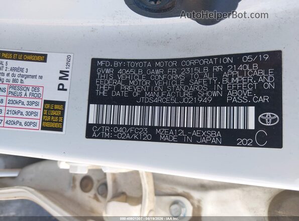JTDS4RCE5LJ021949 2020 TOYOTA COROLLA White Շարժիչի բաժամունքի տեսք