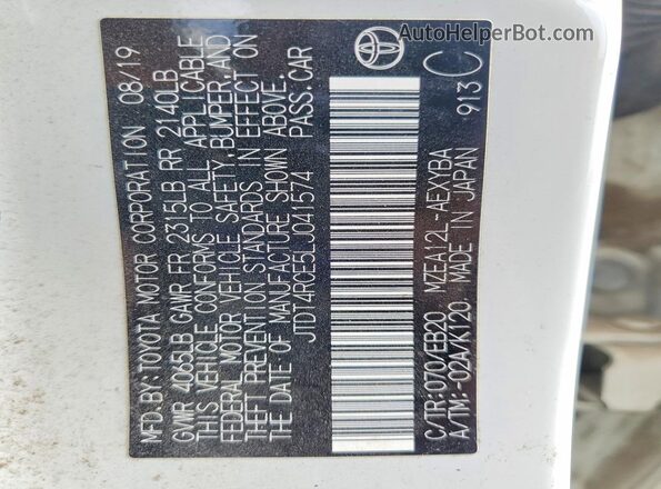 JTDT4RCE5LJ041574 2020 TOYOTA COROLLA Белый Вид наклейки с VIN-кодом