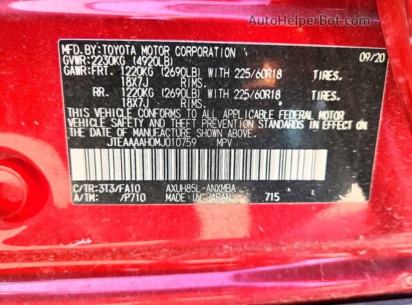 JTEAAAAH0MJ010759 2021 TOYOTA VENZA Red VIN կոդի պիտակի տեսք