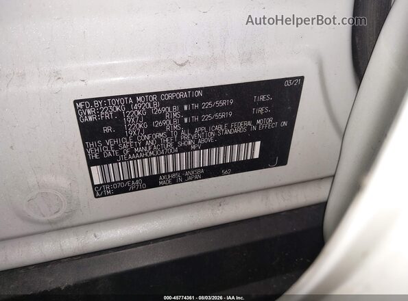 JTEAAAAH0MJ047004 2021 TOYOTA VENZA White Вид підкапотного простору