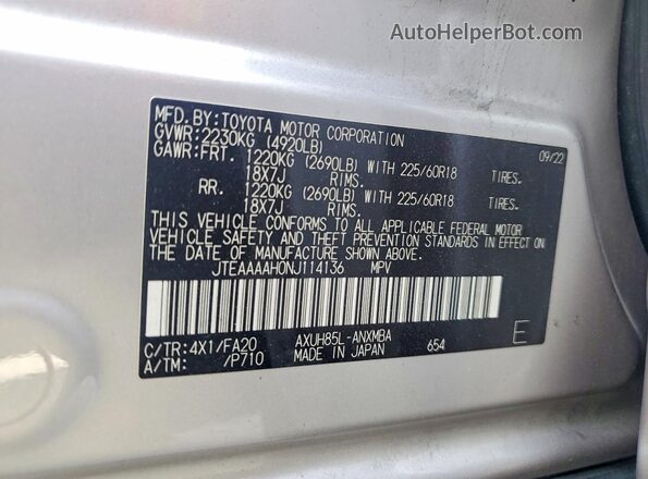 JTEAAAAH0NJ114136 2022 TOYOTA VENZA Silver Widok naklejki z numerem VIN