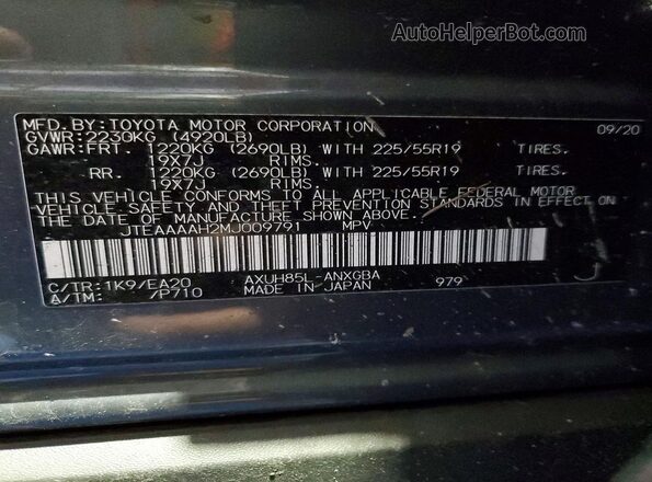 JTEAAAAH2MJ009791 2021 TOYOTA VENZA Charcoal Widok naklejki z numerem VIN