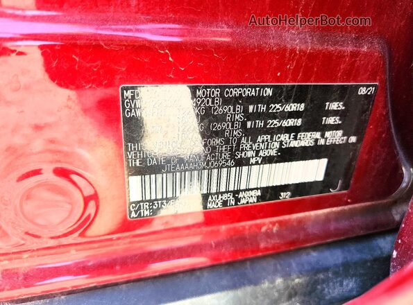 JTEAAAAH3MJ069546 2021 TOYOTA VENZA Red Vista de la etiqueta del VIN